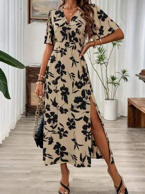Women's Short Sleeve V-Neck Elastic Waist Slit Long Leopard Print Jersey Dress - 1