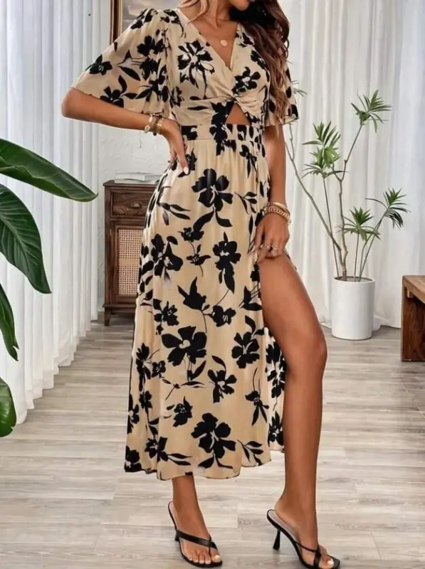Women's Short Sleeve V-Neck Elastic Waist Slit Long Leopard Print Jersey Dress - 2