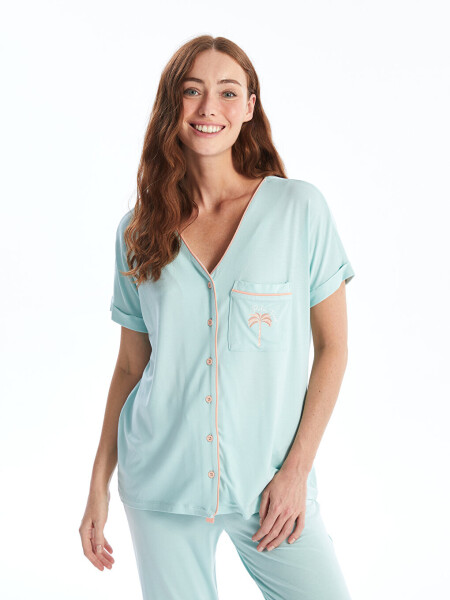 Women's Short Sleeve V-Neck Embroidered Pajama Set - 10