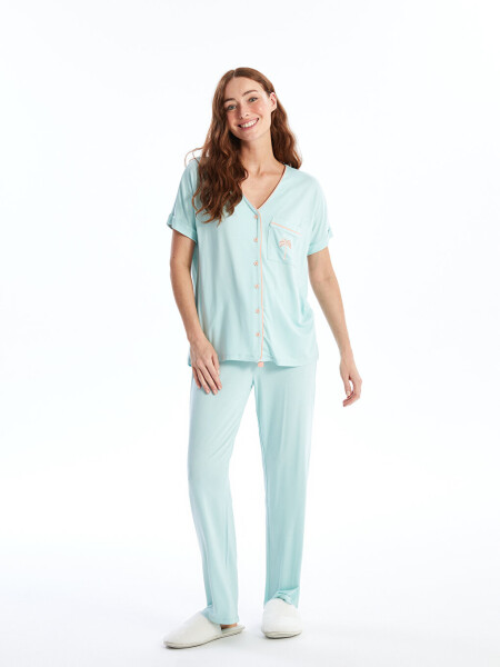 Women's Short Sleeve V-Neck Embroidered Pajama Set - 11