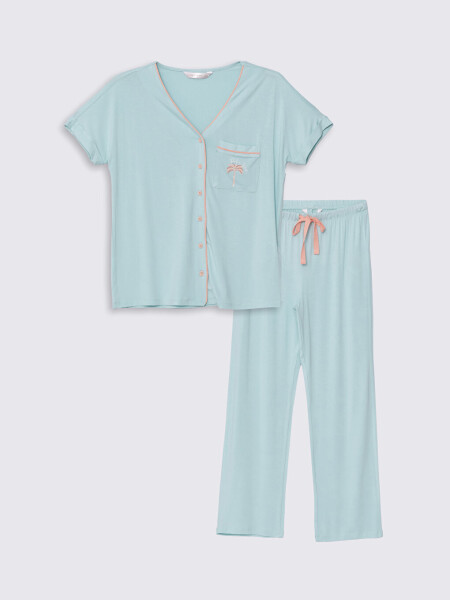 Women's Short Sleeve V-Neck Embroidered Pajama Set - 14