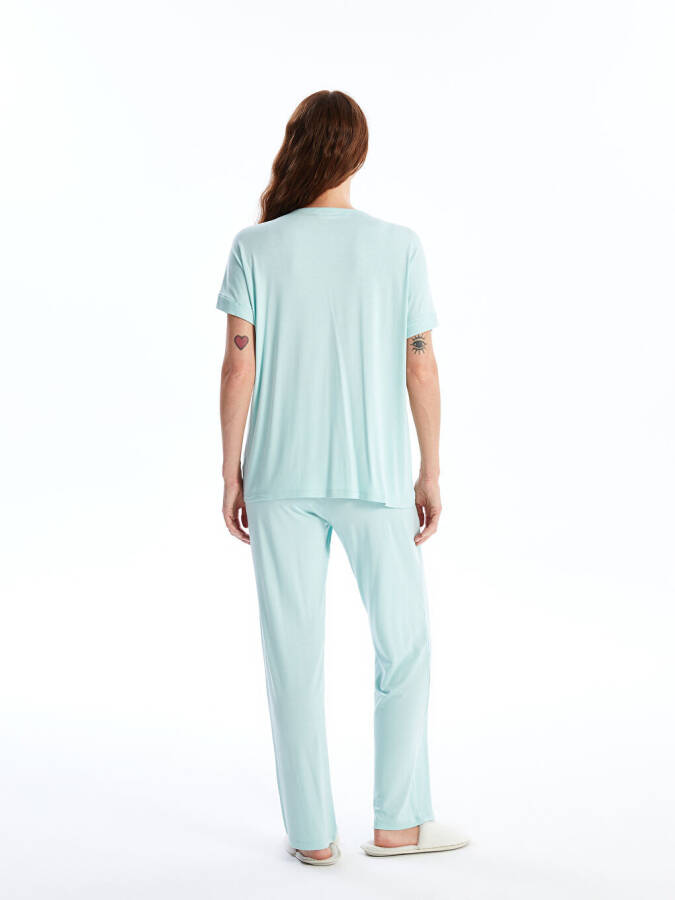 Women's Short Sleeve V-Neck Embroidered Pajama Set - 4