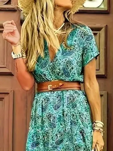 Women's Short Sleeve V-Neck Ethnic Pattern Slit Detail Supreme Dress (Beltless) - BÜYÜKBEDENIZ (1)