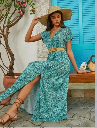 Women's Short Sleeve V-Neck Ethnic Pattern Slit Detail Supreme Dress (Beltless) - 5