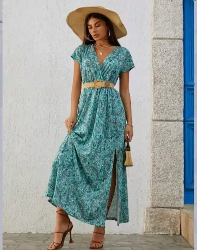 Women's Short Sleeve V-Neck Ethnic Pattern Slit Detail Supreme Dress (Beltless) - 6