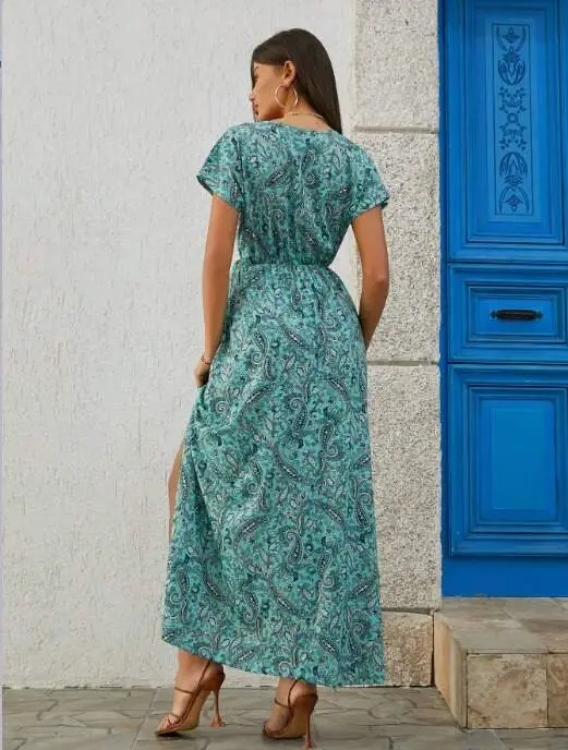 Women's Short Sleeve V-Neck Ethnic Pattern Slit Detail Supreme Dress (Beltless) - 7