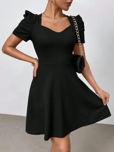 Women's Short Sleeve V-Neck Flared Mini Imported Crepe Dress - 5