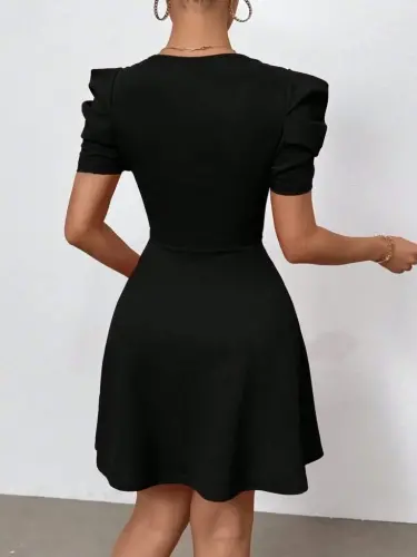 Women's Short Sleeve V-Neck Flared Mini Imported Crepe Dress - 6