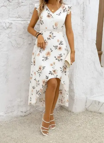 Women's Short Sleeve V-Neck Floral Pattern High Low Pegasus Dress - 1