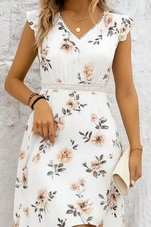 Women's Short Sleeve V-Neck Floral Pattern High Low Pegasus Dress - 2