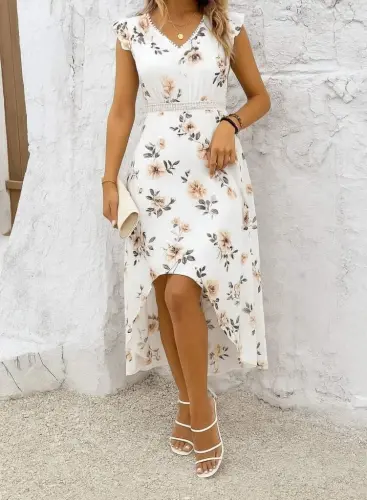 Women's Short Sleeve V-Neck Floral Pattern High Low Pegasus Dress - 3