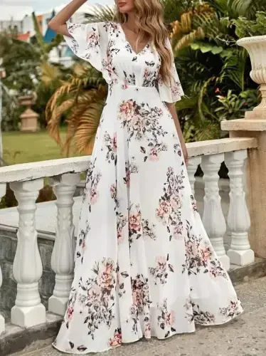 Women's Short Sleeve V Neck Floral Patterned Supreme Dress - BÜYÜKBEDENIZ (1)