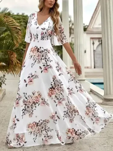 Women's Short Sleeve V Neck Floral Patterned Supreme Dress - 3