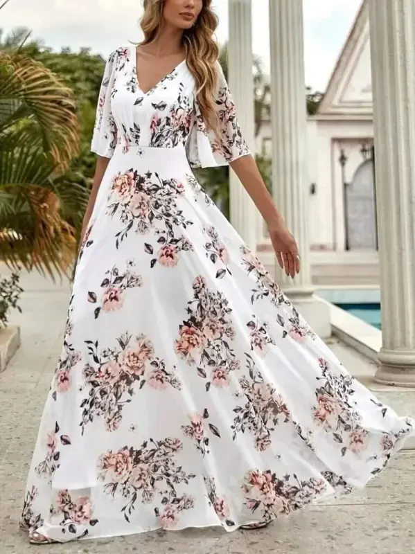 Women's Short Sleeve V Neck Floral Patterned Supreme Dress - 3