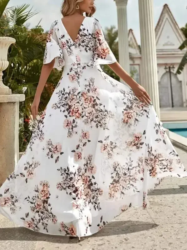 Women's Short Sleeve V Neck Floral Patterned Supreme Dress - 4