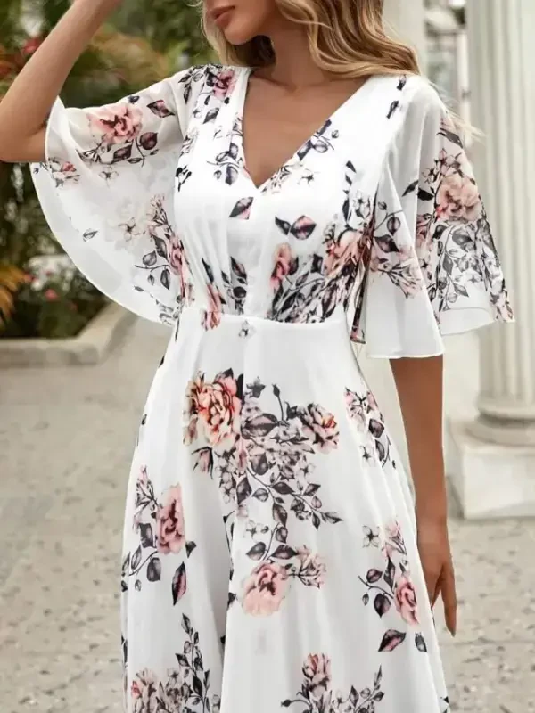Women's Short Sleeve V Neck Floral Patterned Supreme Dress - 5
