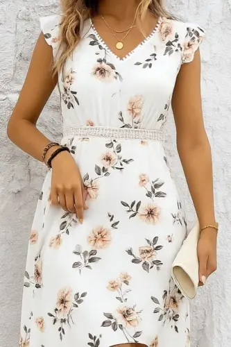 Women's Short Sleeve V-Neck Floral Print High-Low Pegasus Dress - BÜYÜKBEDENIZ (1)