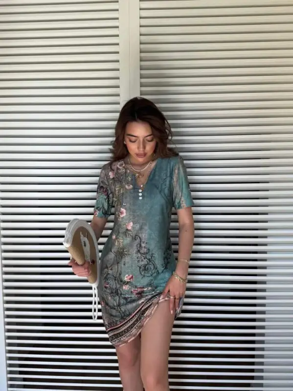 Women's Short Sleeve V-Neck Floral Print Midi Jersey Dress - BÜYÜKBEDENIZ