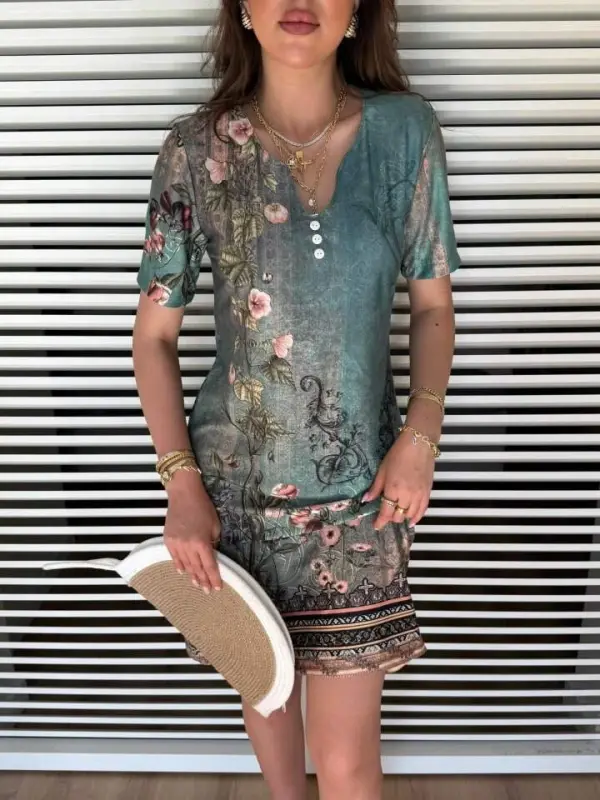 Women's Short Sleeve V-Neck Floral Print Midi Jersey Dress - 3