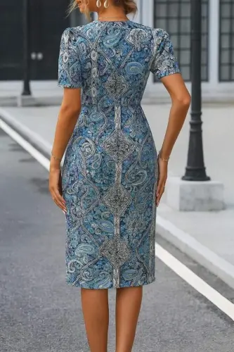 Women's Short Sleeve V Neck Floral Print Midi Satin Dress - BÜYÜKBEDENIZ (1)