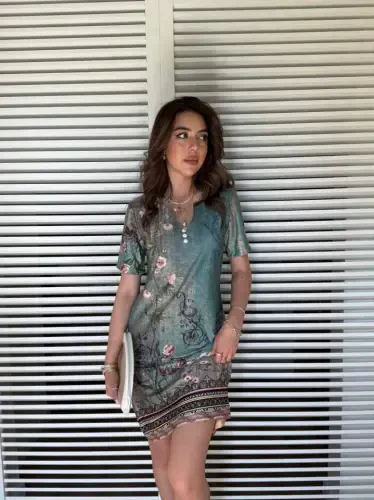 Women's Short Sleeve V Neck Floral Print Midi Supreme Dress - BÜYÜKBEDENIZ (1)