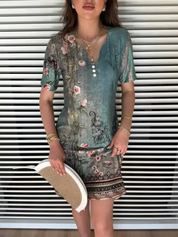 Women's Short Sleeve V Neck Floral Print Midi Supreme Dress - 3