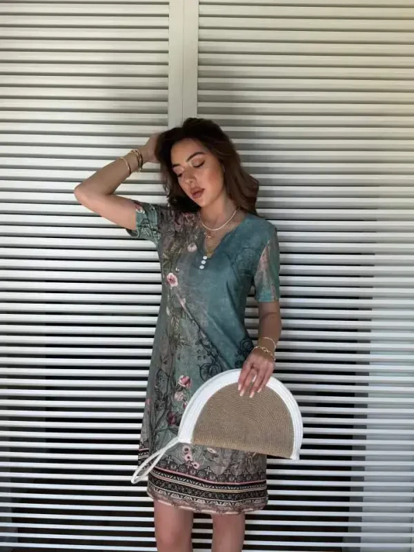 Women's Short Sleeve V Neck Floral Print Midi Supreme Dress - 4