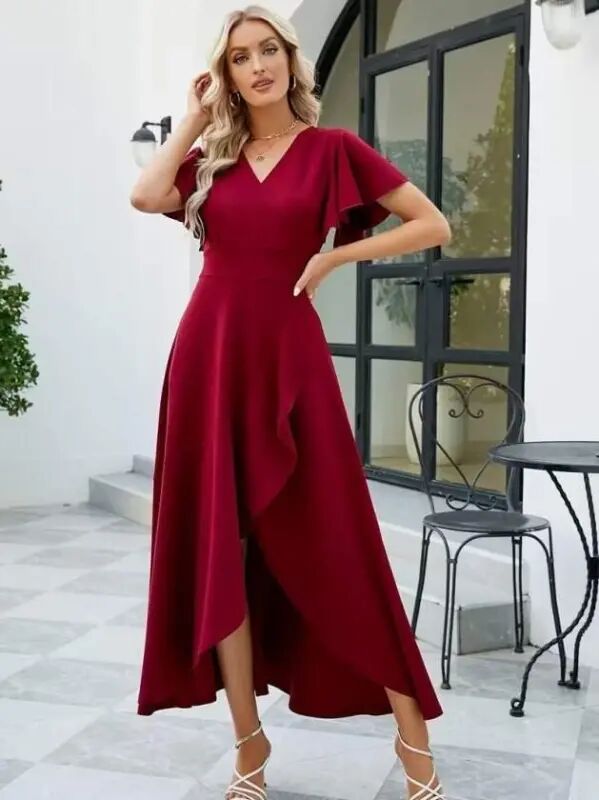 Women's Short Sleeve V-Neck Front Asymmetric Ruffled Long Imported Crepe Dress - 1