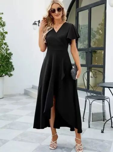Women's Short Sleeve V-Neck Front Asymmetric Ruffled Long Imported Crepe Dress - 3