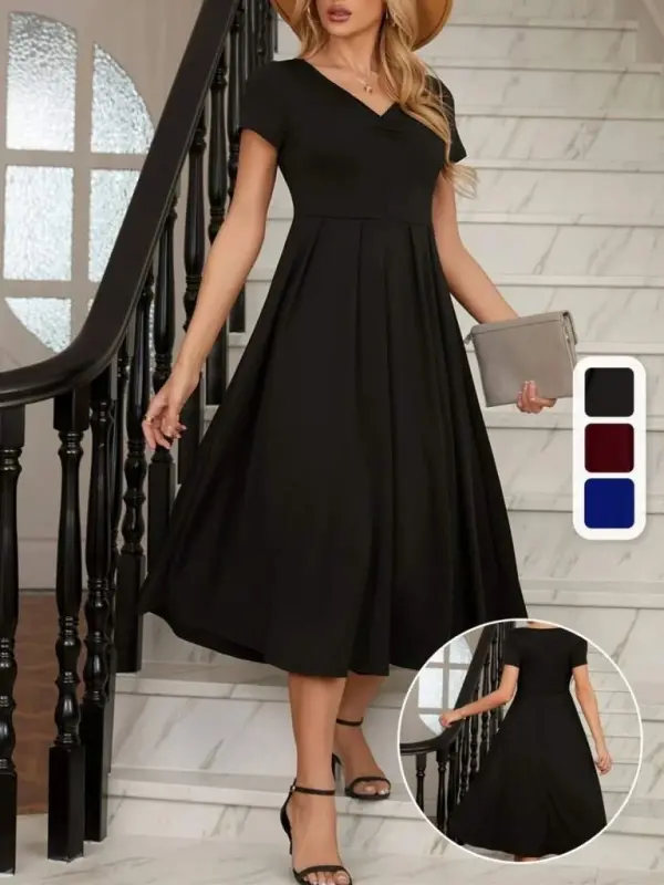 Women's Short Sleeve V-Neck Front Pleated Midi Crinkle Crepe Dress - 1