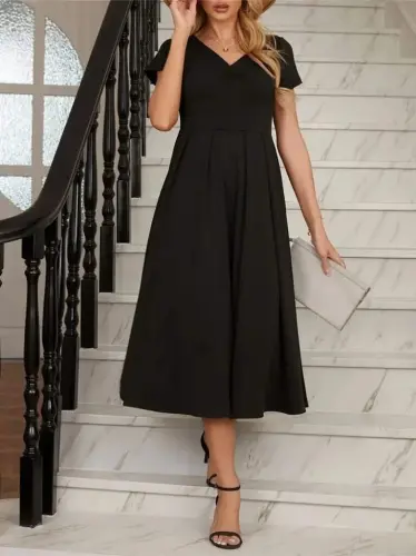 Women's Short Sleeve V-Neck Front Pleated Midi Crinkle Crepe Dress - BÜYÜKBEDENIZ (1)