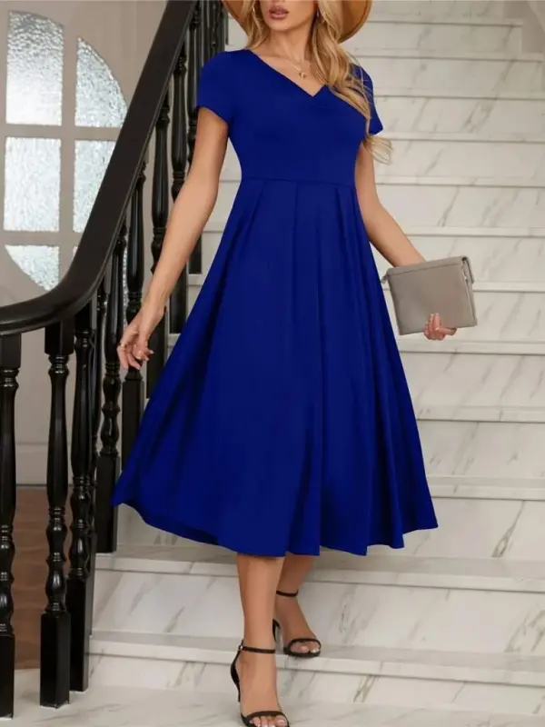 Women's Short Sleeve V-Neck Front Pleated Midi Crinkle Crepe Dress - BÜYÜKBEDENIZ