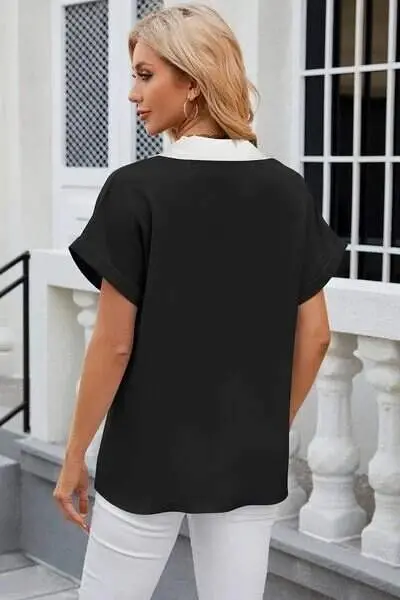 Women's Short Sleeve V-Neck Front Striped Detail Sandy Blouse - 4