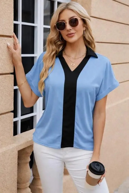 Women's Short Sleeve V-Neck Front Striped Detail Sandy Blouse - 5