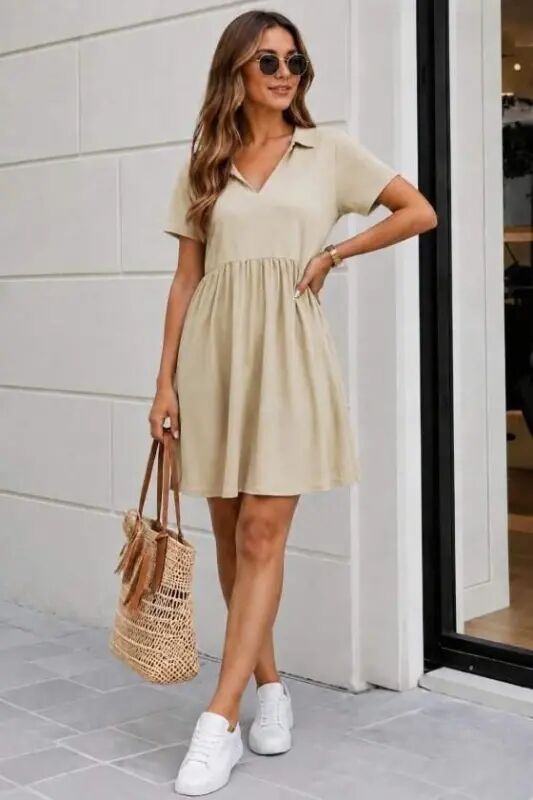 Women's Short Sleeve V-Neck Gathered Waist Viscose Two Thread Short Dress - 2