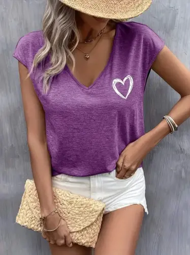 Women's Short Sleeve V Neck Heart Print Viscose Blouse - 3