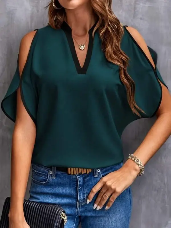 Women's Short Sleeve V-Neck Imported Crepe Blouse - 3