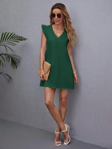 Women's Short Sleeve V Neck Imported Crepe Dress - 1