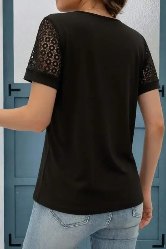 Women's Short Sleeve V-Neck Lace Detail Viscose Blouse - 4