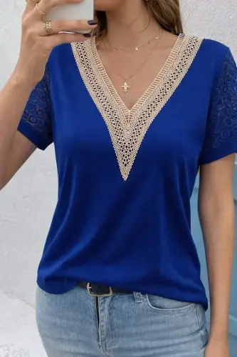 Women's Short Sleeve V-Neck Lace Detail Viscose Blouse - 4