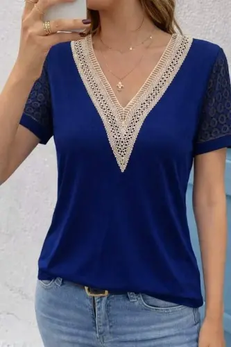 Women's Short Sleeve V-Neck Lace Detail Viscose Blouse - BÜYÜKBEDENIZ (1)