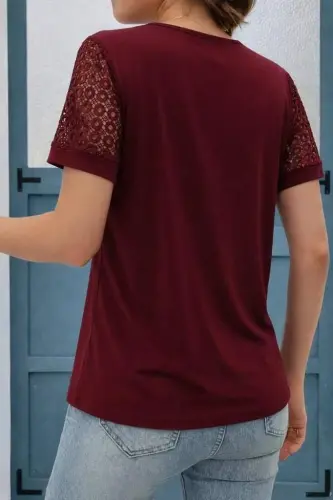 Women's Short Sleeve V-Neck Lace Detailed Viscose Blouse - 3