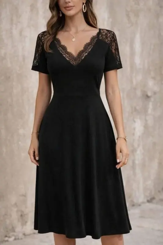 Women's Short Sleeve V-Neck Lace Midi Viscose Dress - BÜYÜKBEDENIZ