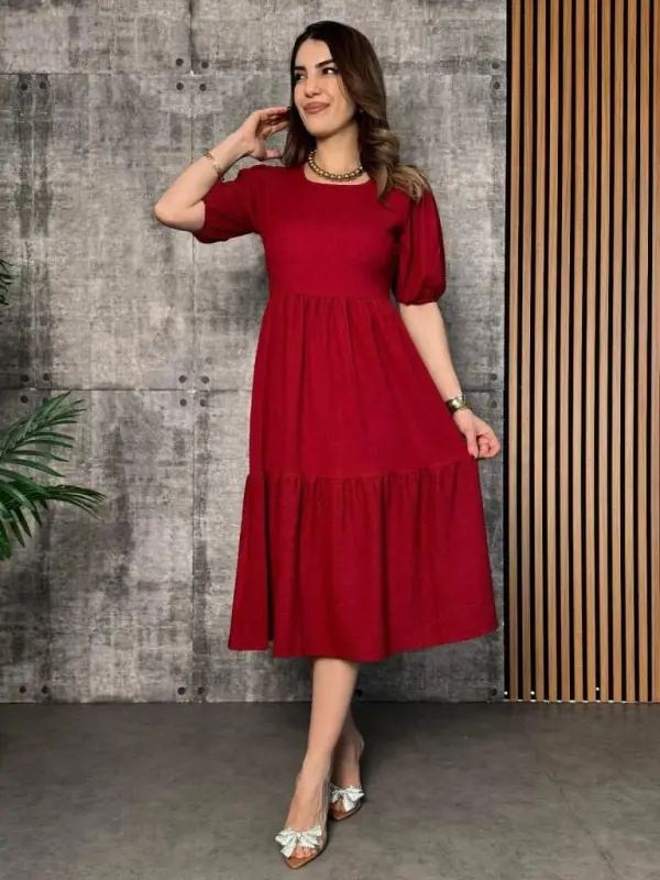 Women's Short Sleeve V Neck Layered Crinkle Balloon Dress - 1