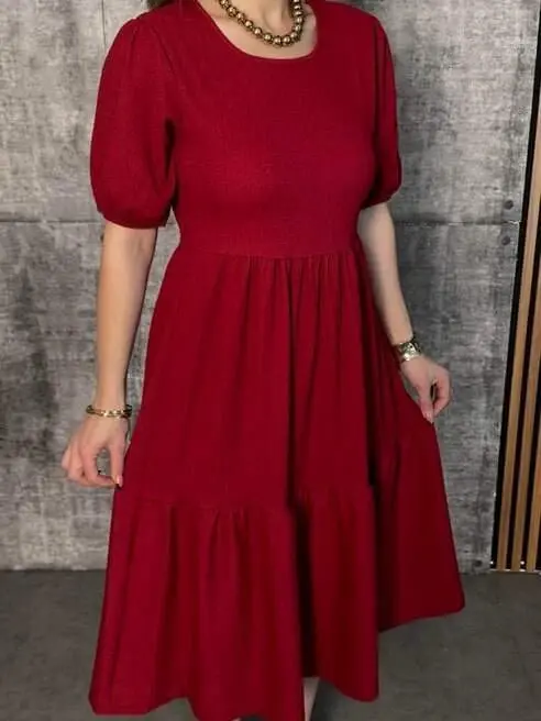 Women's Short Sleeve V Neck Layered Crinkle Balloon Dress - 2