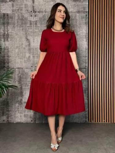 Women's Short Sleeve V Neck Layered Crinkle Balloon Dress - 3