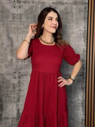 Women's Short Sleeve V Neck Layered Crinkle Balloon Dress - 4