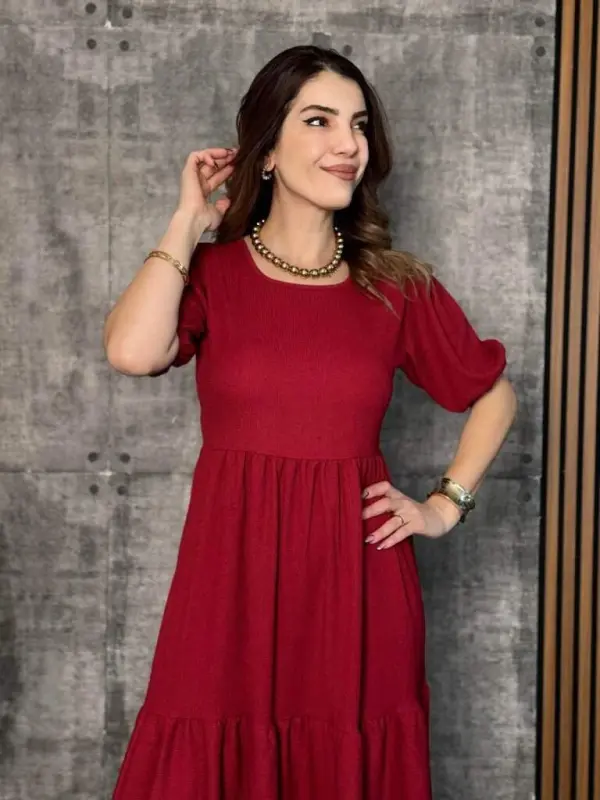 Women's Short Sleeve V Neck Layered Crinkle Balloon Dress - 4