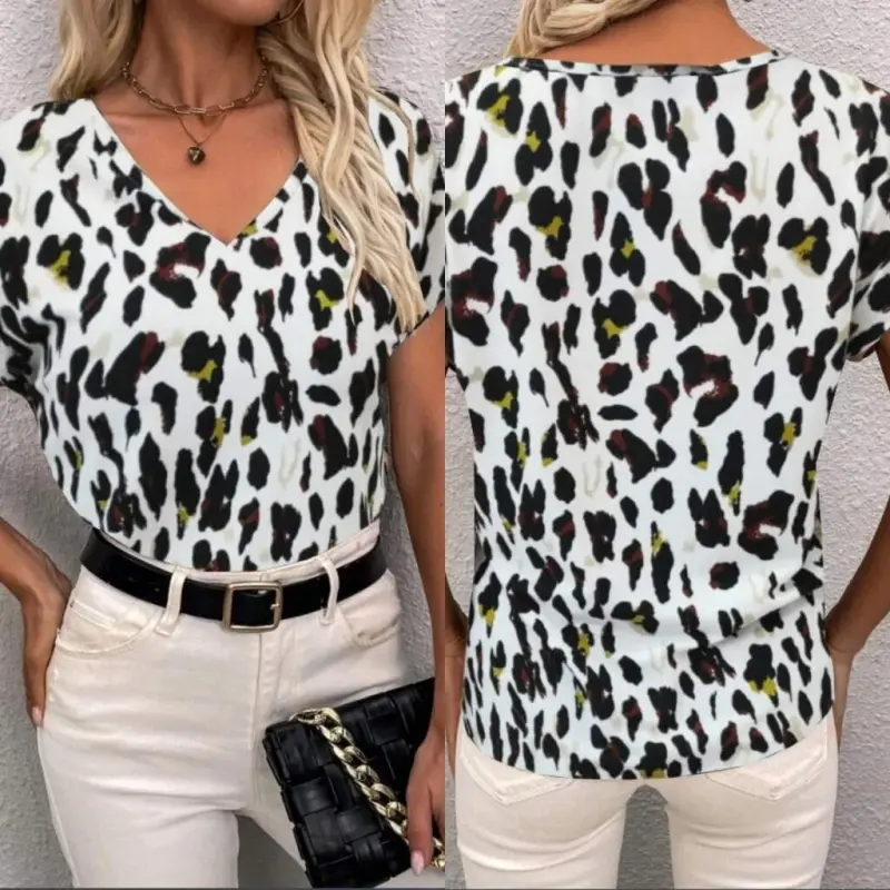 Women's Short Sleeve V Neck Leopard Pattern Crepe Blouse - 10