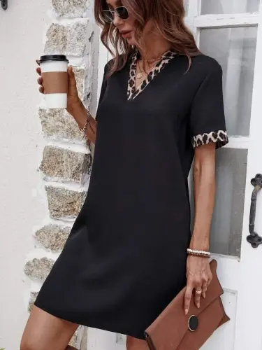 Women's Short Sleeve V-Neck Leopard Print Detailed Modal Dress - BÜYÜKBEDENIZ (1)